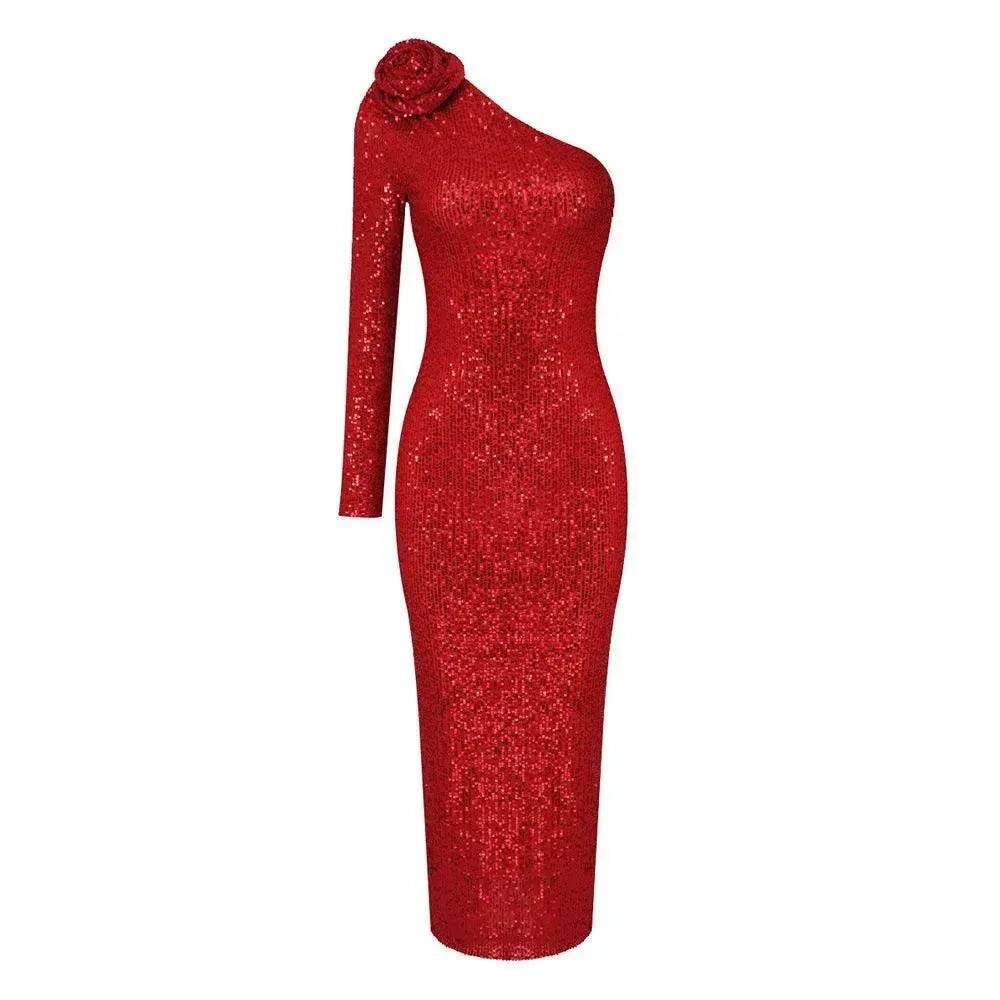 Elegant High-end Dress Rose Red Sequined Evening Dress Female New Year Battle Gown Host - EX-STOCK Canada