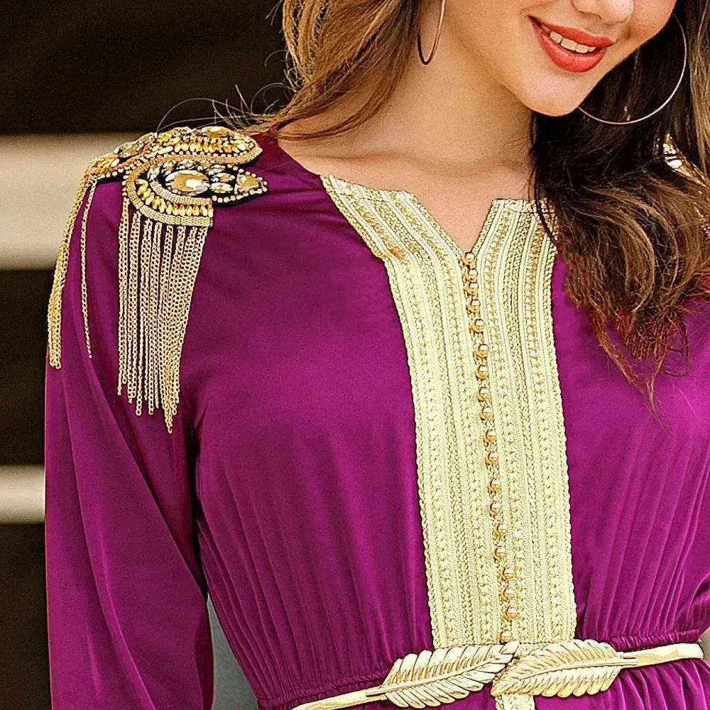 Embroidered Woven Satin Dress With Beads And Tassels Epaulettes for Turkey Dubai Middle East Women Abaya Dress - EX-STOCK Canada