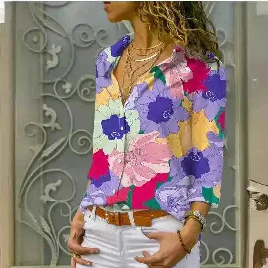 European And American Digital Printed Flowers Lapel Single Breasted Long-sleeved Shirt - EX-STOCK Canada