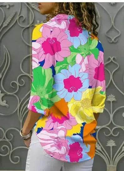 European And American Digital Printed Flowers Lapel Single Breasted Long-sleeved Shirt - EX-STOCK Canada