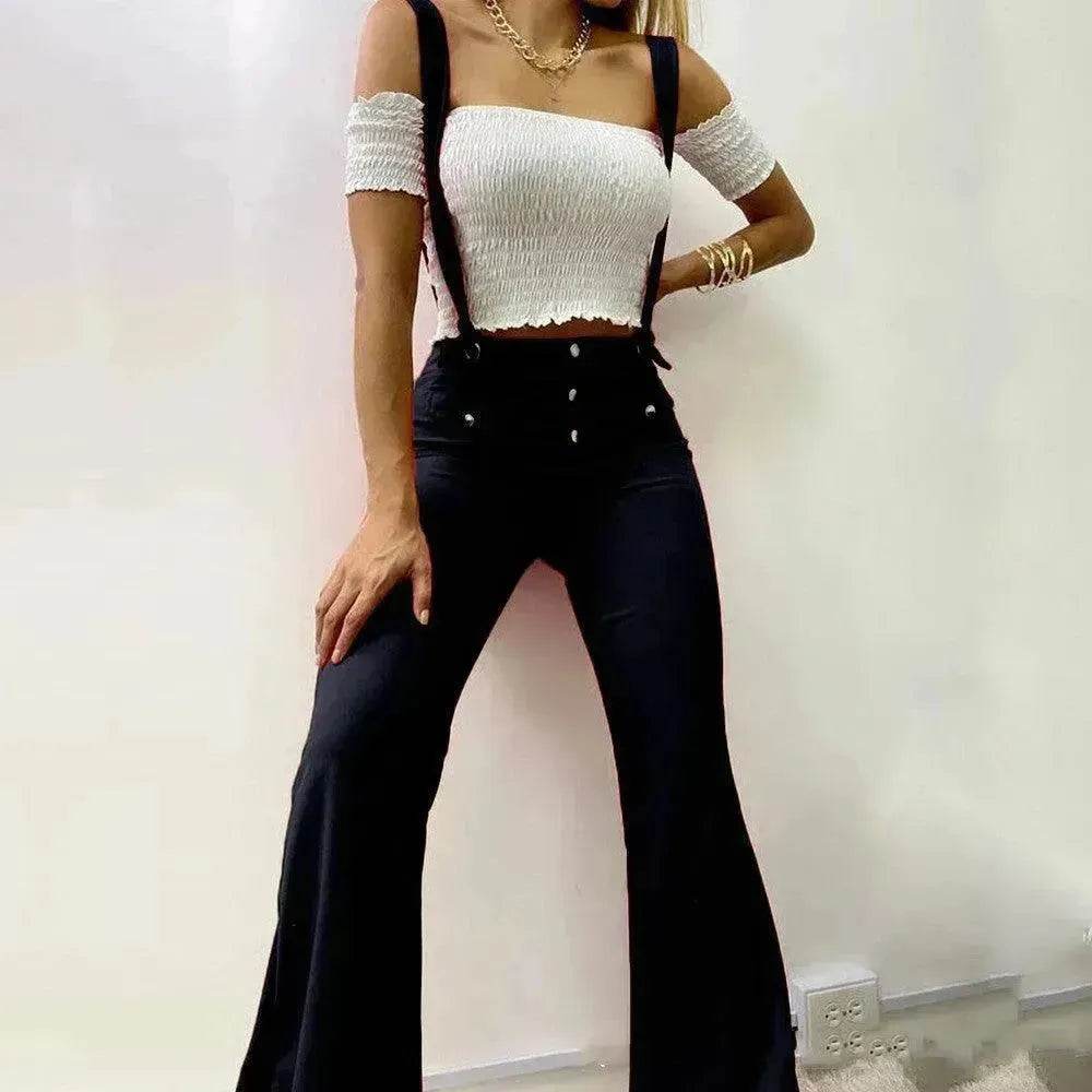 European And American High Waist Strap Casual Flared Jeans Pants - EX-STOCK Canada