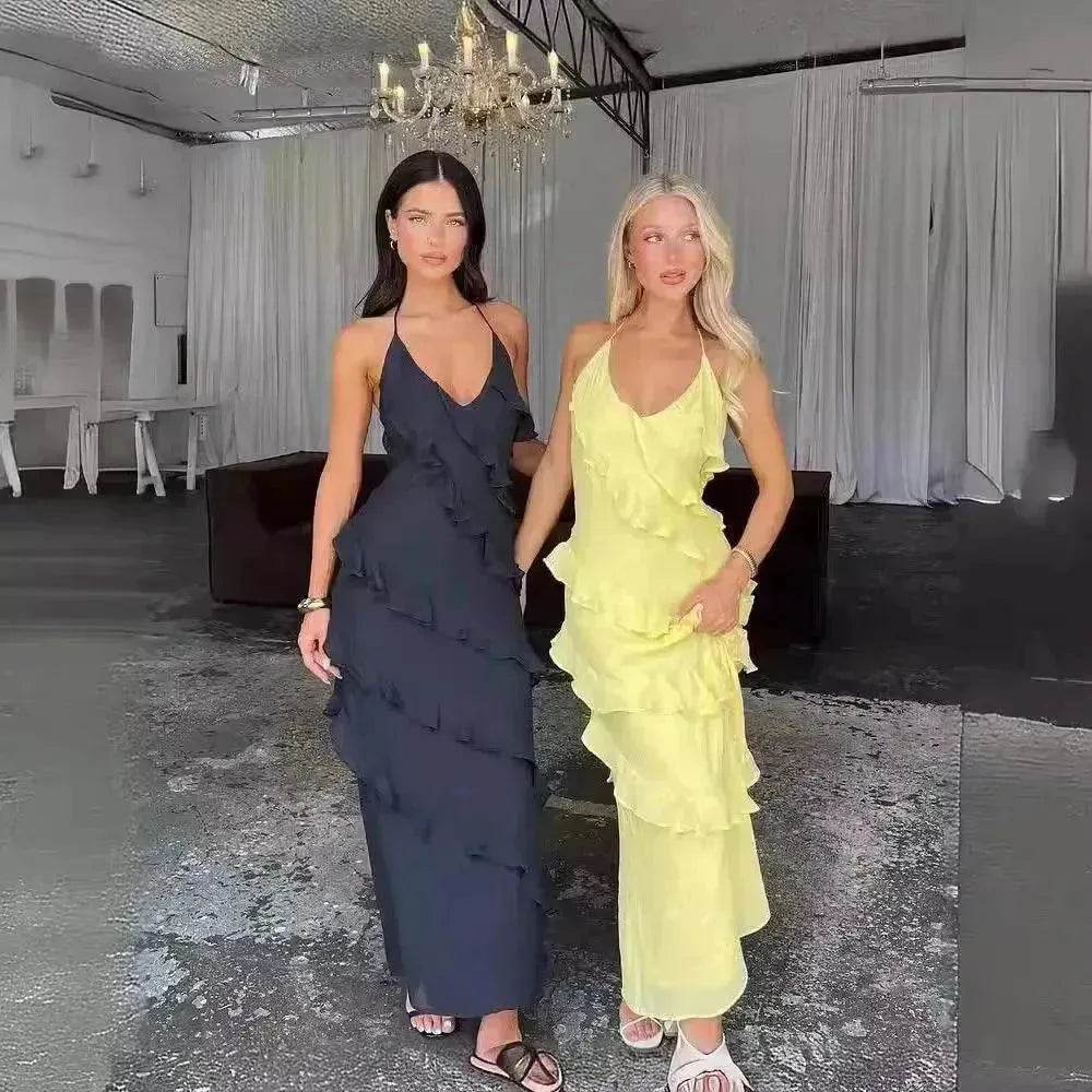 European And American Multi-layer Wooden Ear Backless Halter Party Long Dress - EX-STOCK Canada