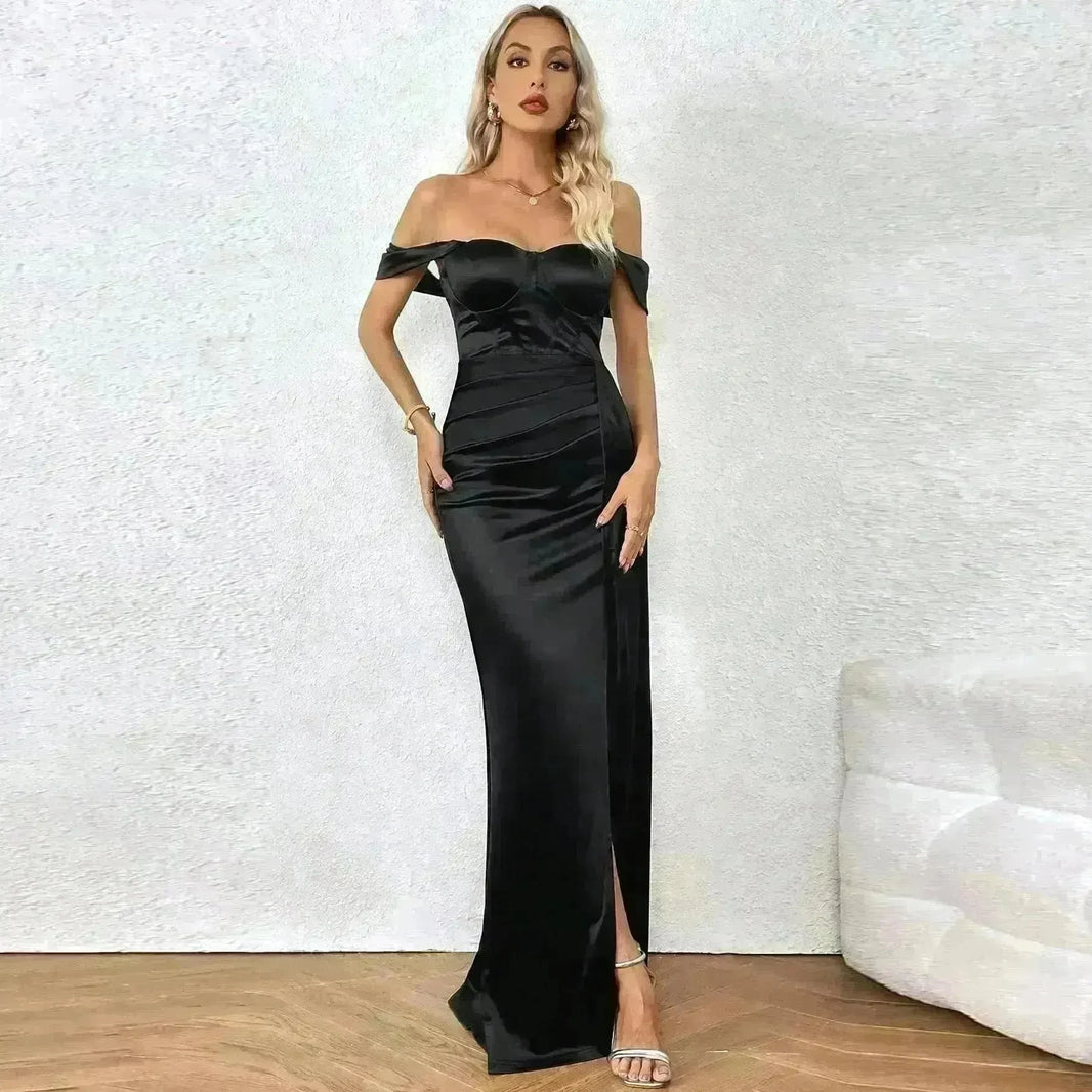 European And American Shoulder Wrap Chest High Waist Ribbon Slit Ball Gown - EX-STOCK CANADA