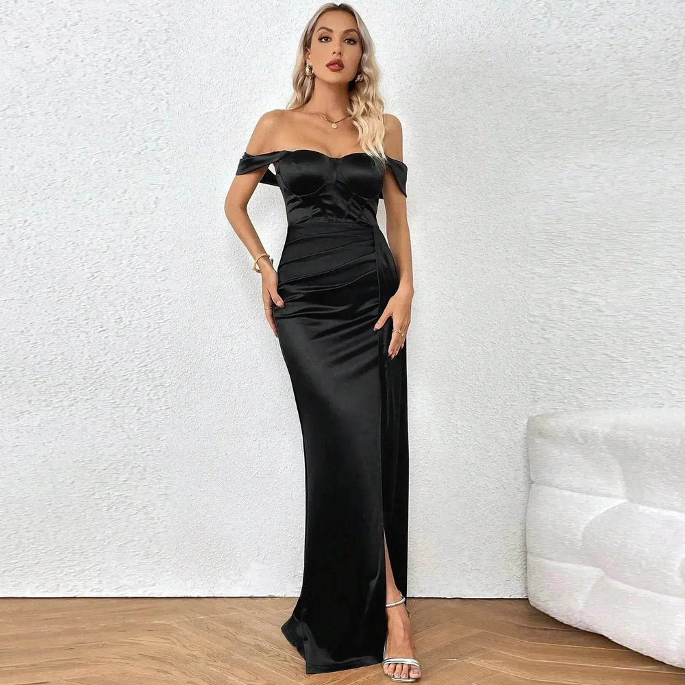 European And American Shoulder Wrap Chest High Waist Ribbon Slit Ball Gown - EX-STOCK Canada