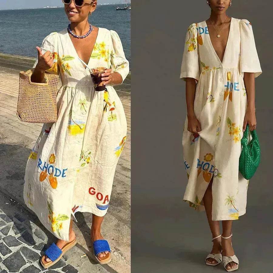 European And American Spring And Summer Casual Puff Sleeve Dress Loose Vacation Midi Dress - EX-STOCK Canada