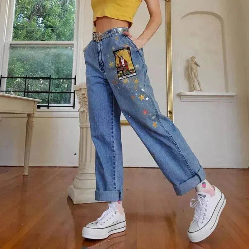 European And American Street Temperament Straight Loose Printed Denim Trousers Women - EX-STOCK Canada