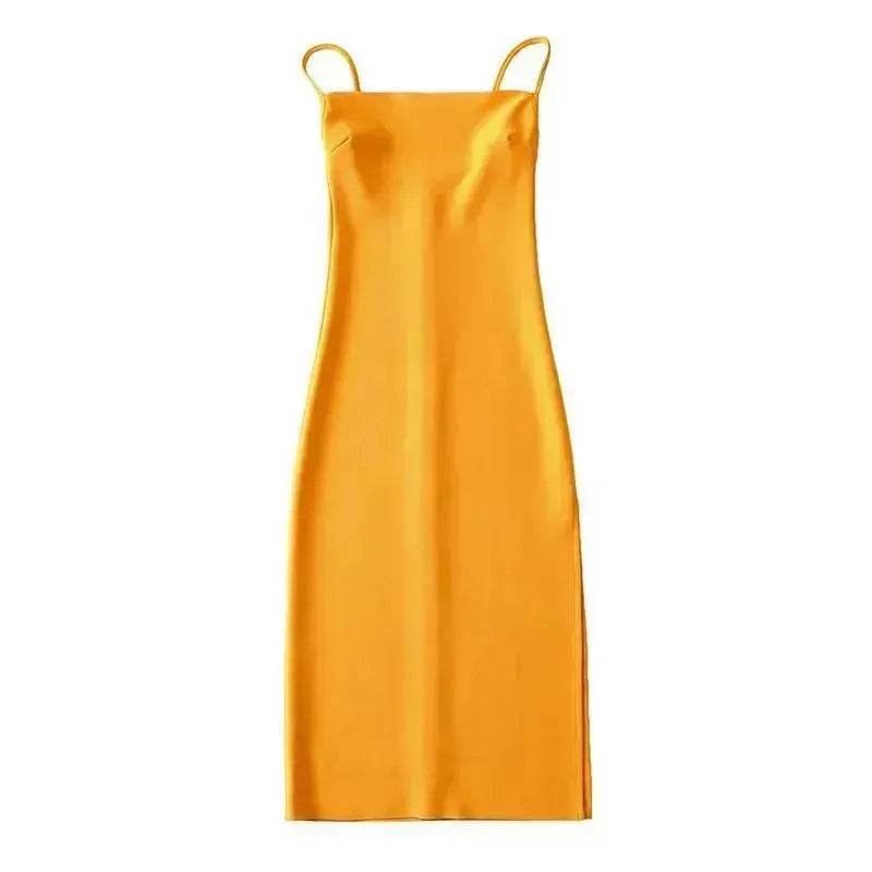 European And American Style Sold Color Sleeveless Midi Suspender Split Dress - EX-STOCK Canada