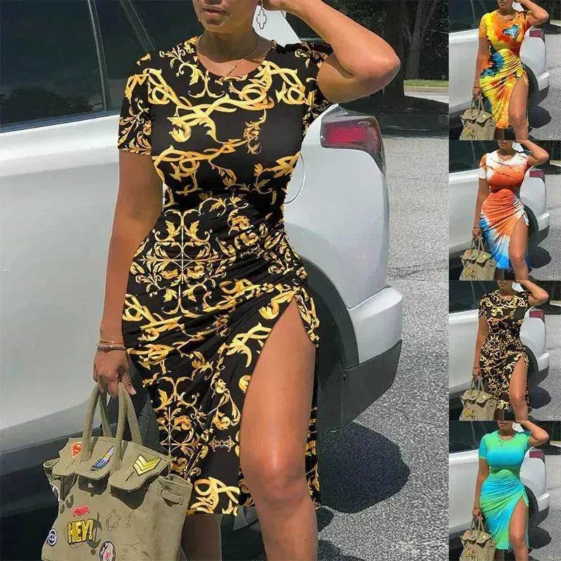 European And American Tie-dyed Printed Sheath Split Lace Elegant Charming Dress For Women - EX-STOCK Canada