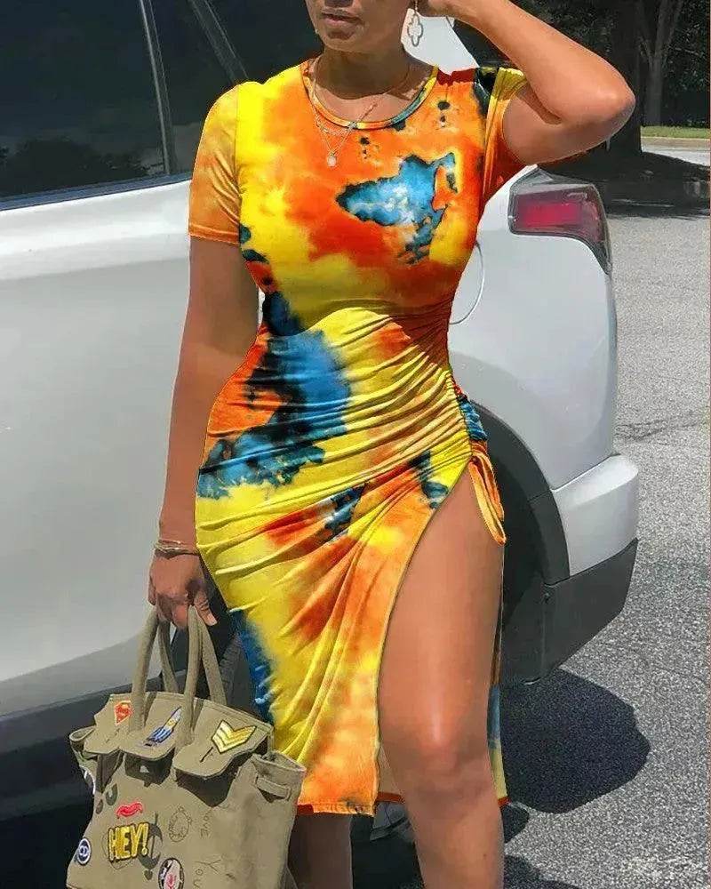 European And American Tie-dyed Printed Sheath Split Lace Elegant Charming Dress For Women - EX-STOCK Canada