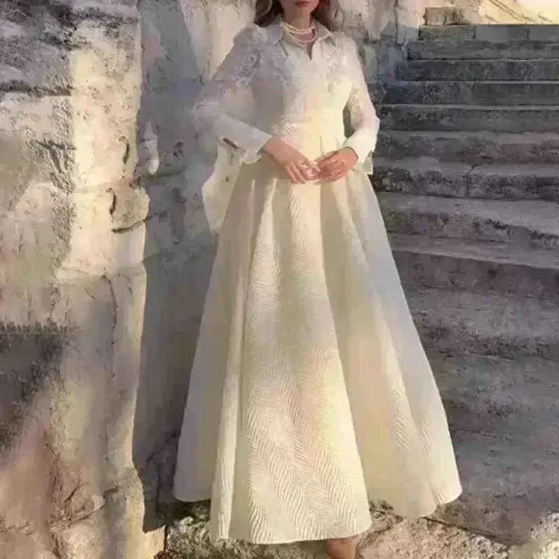 European And American White Front Chest Flower Beads Lace Yarn French Style Retro Long Sleeve Fashion Slim Dress - EX-STOCK CANADA