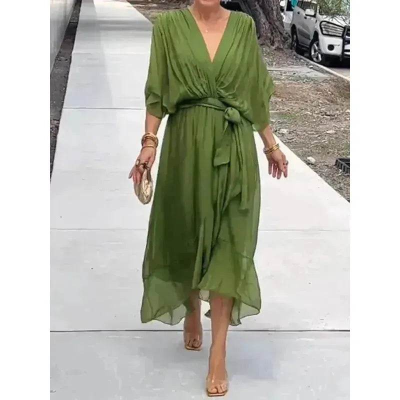 Batwing Sleeve V-neck Dress Summer Pure Color Tied Irregular Wrap Midi Dresses for Women - EX-STOCK Canada