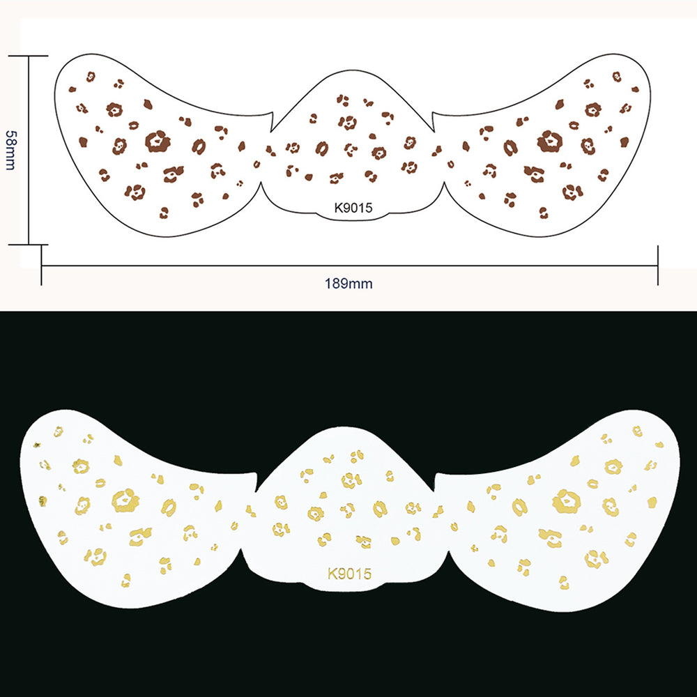 Two mustache-shaped products with speckled patterns and measurements on a white background.