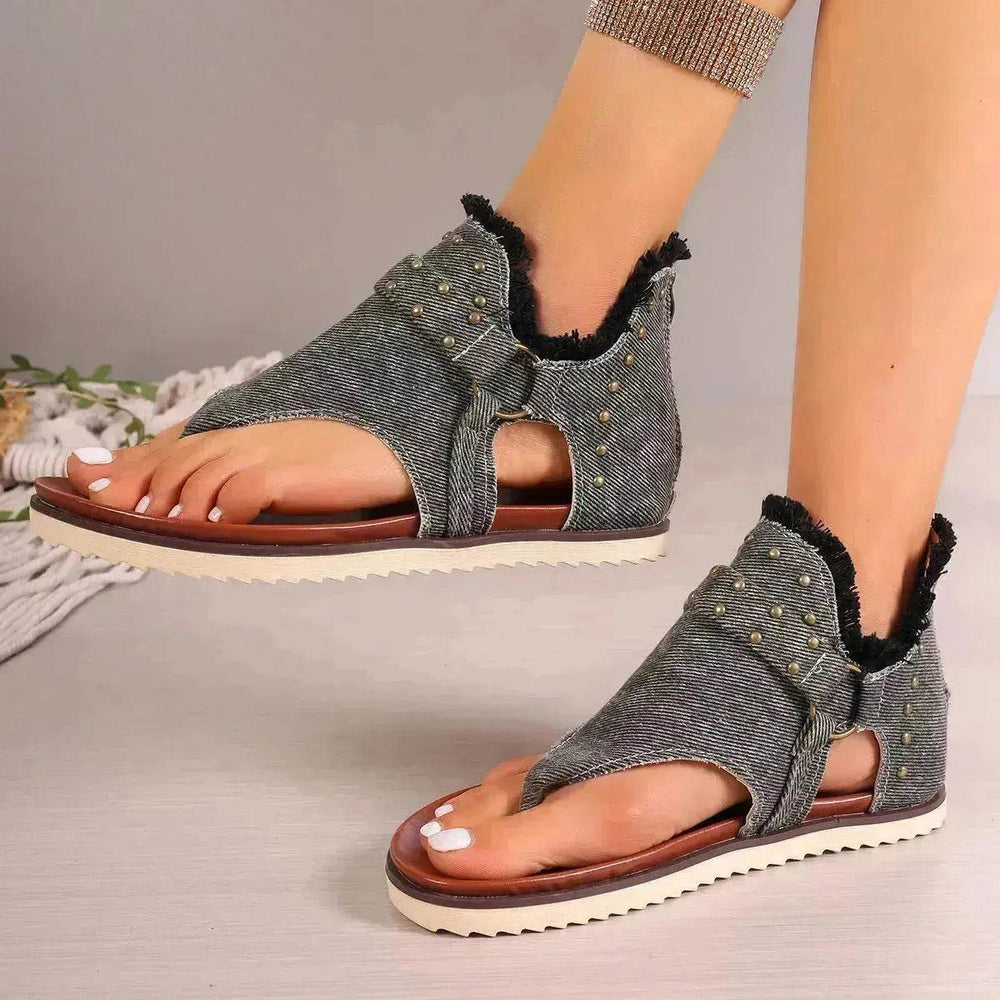 Denim Thong Sandals With Rear Zipper Summer Retro Beach Flat Sandals - EX-STOCK Canada