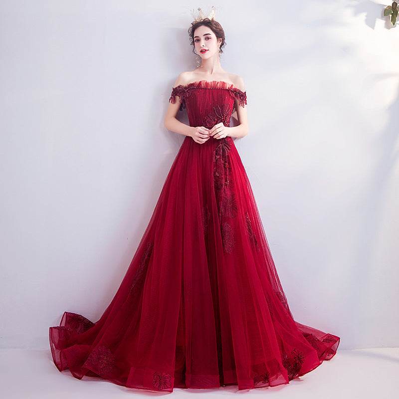 Fashionable Red One-shoulder Wedding Toast Dinner Annual Party Bridesmaid Dress Skirt EX-STOCK Canada