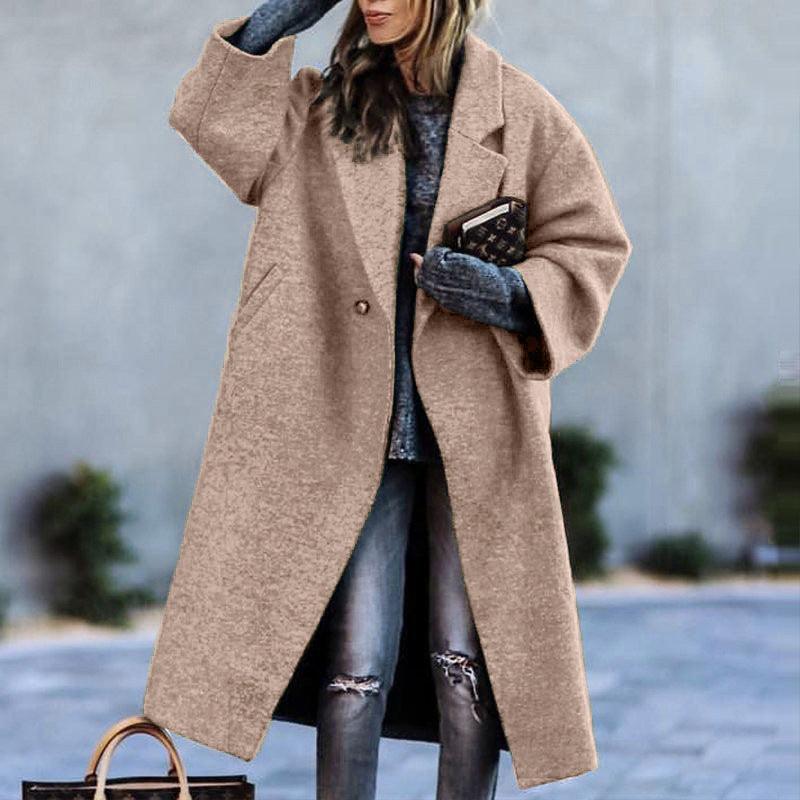Autumn And Winter Long Woolen Color Temperament Commute No Belt Lapel Loose Woolen Green Coat - EX-STOCK Canada
