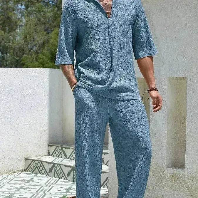 Men's Casual summer 2 piece Pant sets Short sleeved Top and Straight leg pant - EX-STOCK Canada