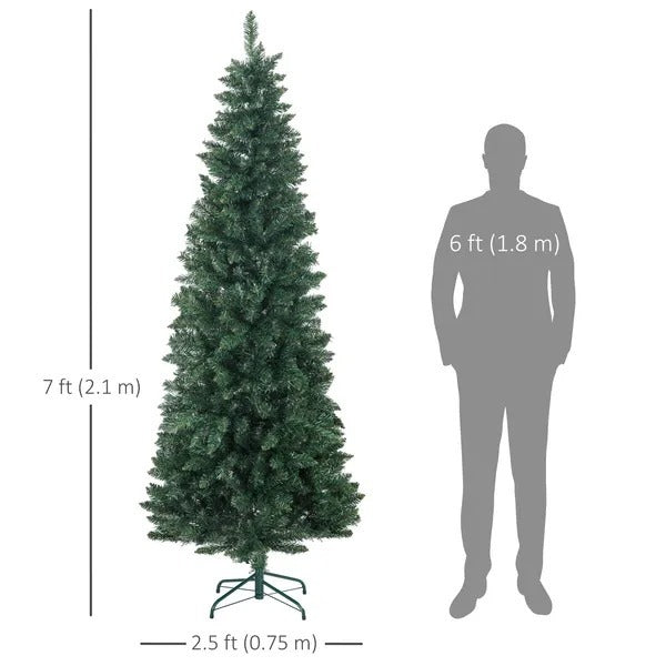 7ft Tall Pencil Artificial Christmas Tree With 687 Branch Tips With Steel Base, Green EX-STOCK Canada
