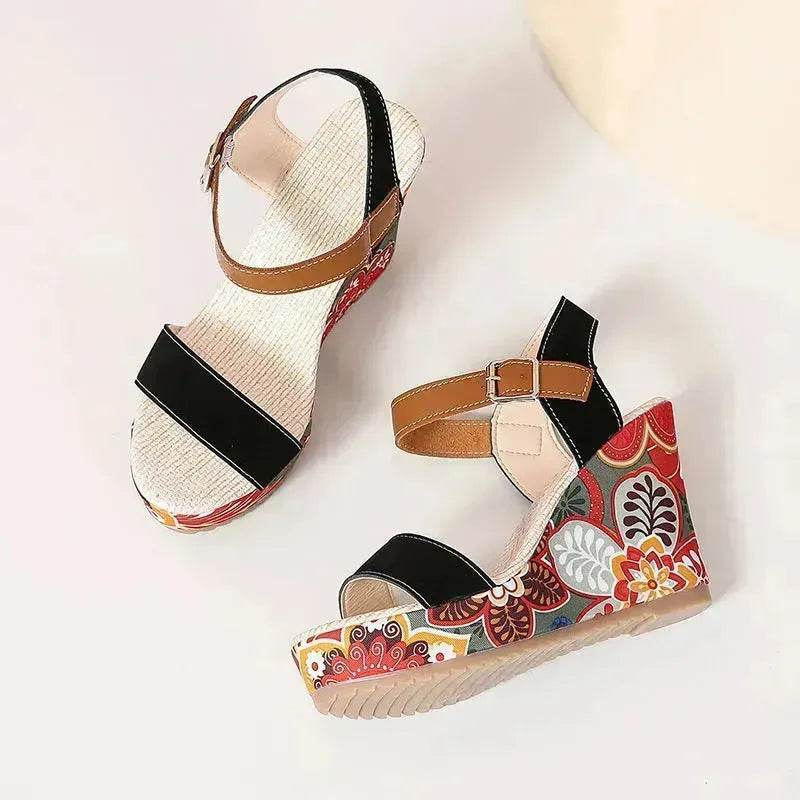Fashion Flowers Embroidered High Wedge Sandals For Women Summer Toe Platform Buckle Shoes - EX-STOCK Canada