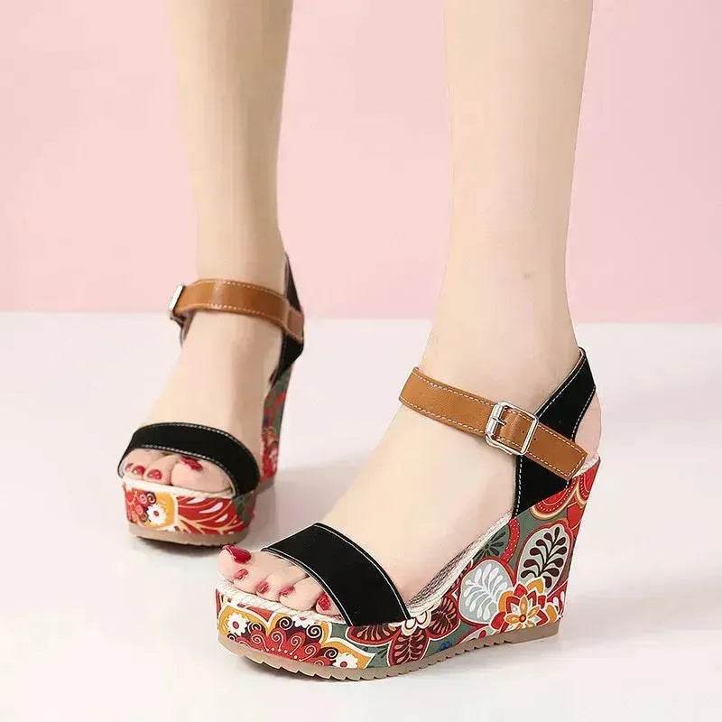 Fashion Flowers Embroidered High Wedge Sandals For Women Summer Toe Platform Buckle Shoes - EX-STOCK Canada