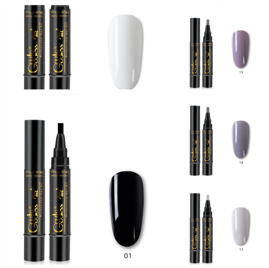 Collection of nail art pens and color swatches on a white background