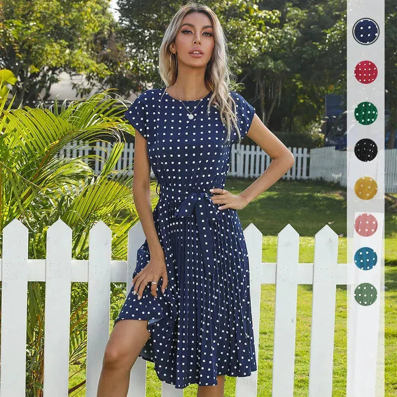 Summer Women Polka Dot Short Sleeve Dress Casual Pleated Midi Dresses Elegant Green Office Lady Clothing - EX-STOCK CANADA