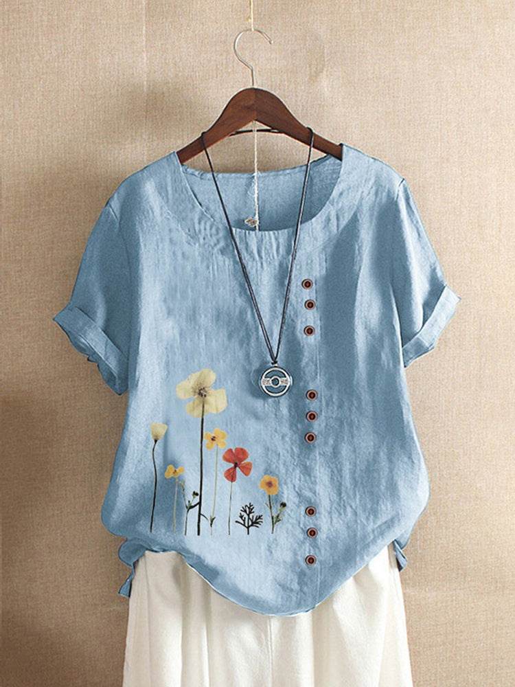 Casual Summer Beach Cotton And Linen Printed Elegant Short Sleeve blouse Top Women - EX-STOCK Canada