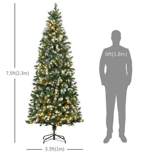 Sapin de Noël décoré de 7,5', sapin de Noël artificiel mince pré-éclairé avec branches saupoudrées de neige, ouverture automatique, pommes de pinEX-STOCK Canada