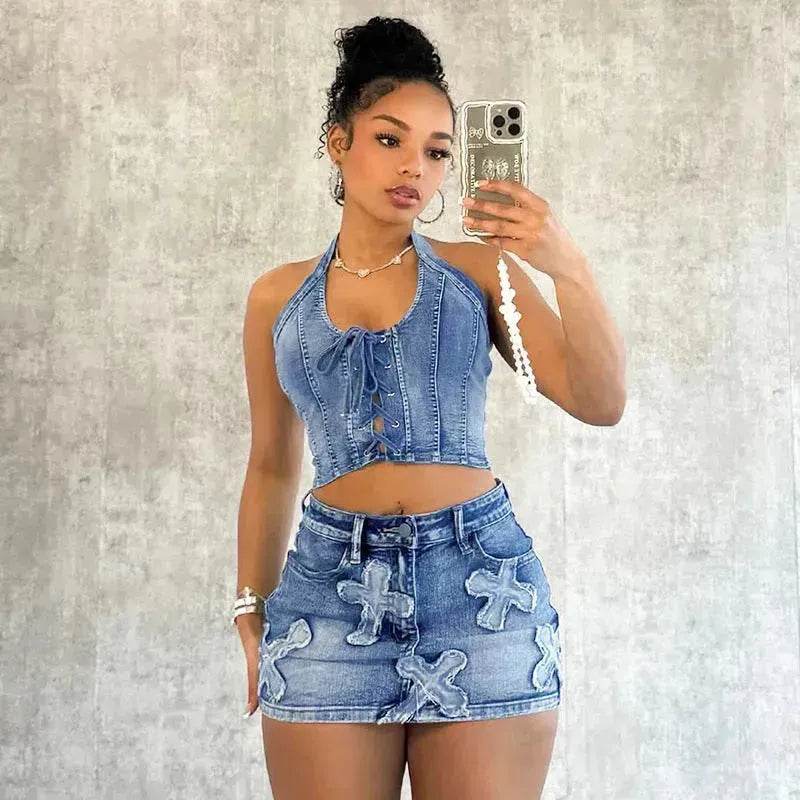 Chic Denim 2 piece Denim Skirt set Jean 2 piece set for Women Sleeveless crop top and Skirt - EX-STOCK Canada