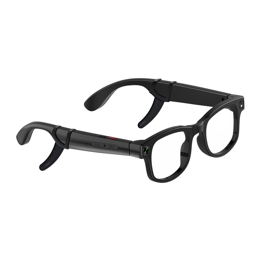 Black AI smart eyewear with camera, microphones and speaker