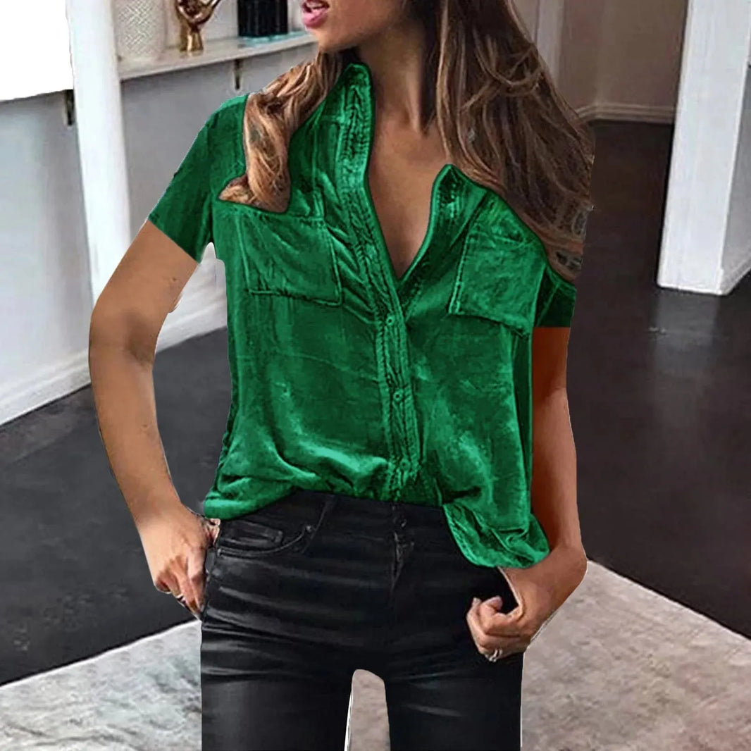 European And American Spring And Summer Pocket Short Sleeve Suede Shirt For Women - EX-STOCK CANADA