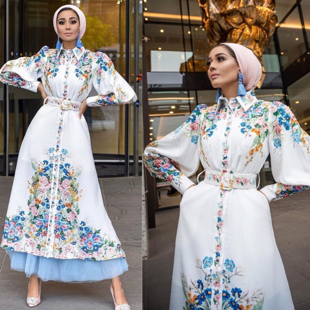 Fashion Puff Sleeves Lapel Robe Arabic Women's Digital Printed Mid Waist Long Dress - EX-STOCK Canada