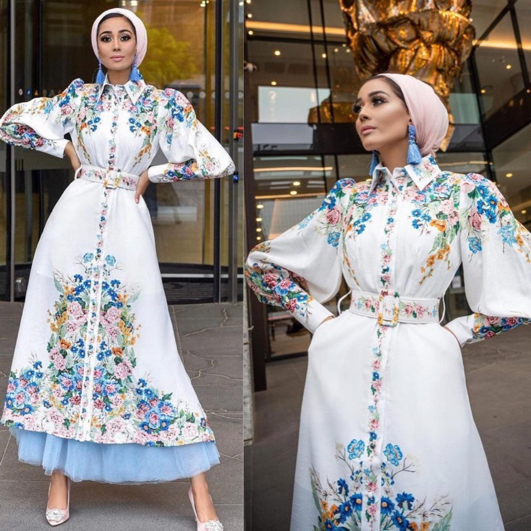 Robe à Manches Bouffantes à Col Revers Mode Femme Arabe Imprimé Numérique Taille Moyenne Longue EX-STOCK Canada