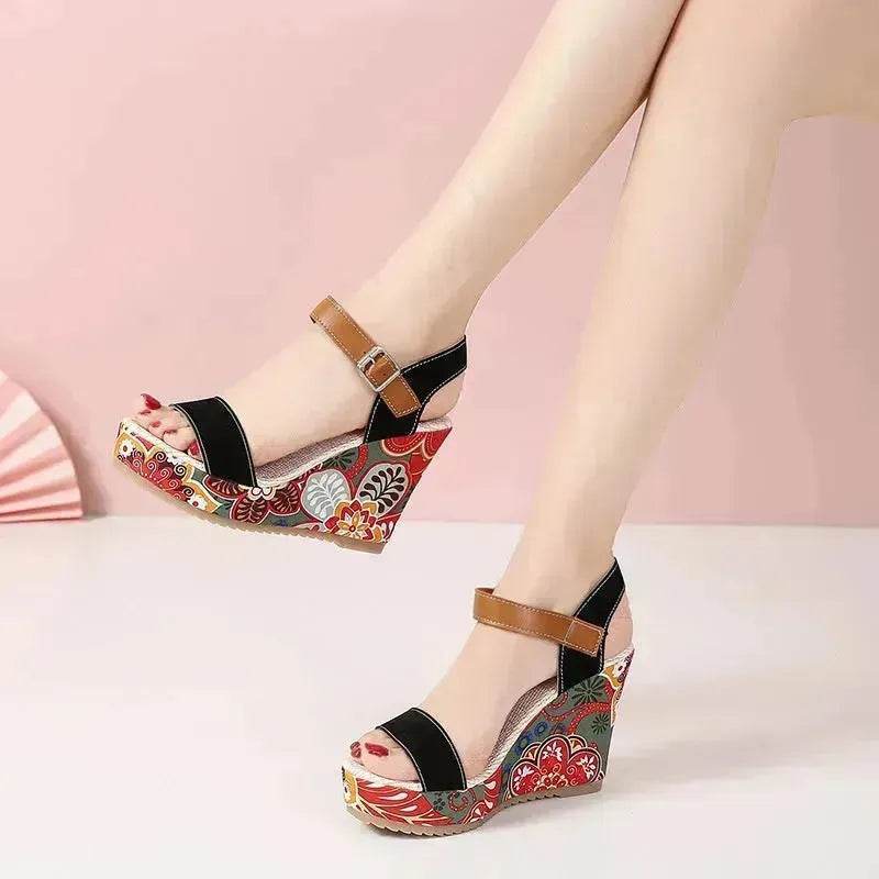 Fashion Flowers Embroidered High Wedge Sandals For Women Summer Toe Platform Buckle Shoes - EX-STOCK Canada