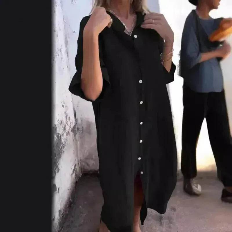 Women Loose Casual Half Sleeve Cotton Linen Buttoned down Shirt Dress - EX-STOCK Canada