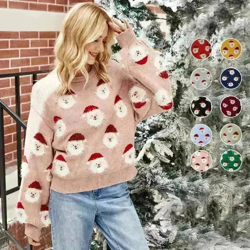 Christmas Sweater Women Cute Cartoon Santa Print Knit Sweater Winter Tops - EX-STOCK CANADA