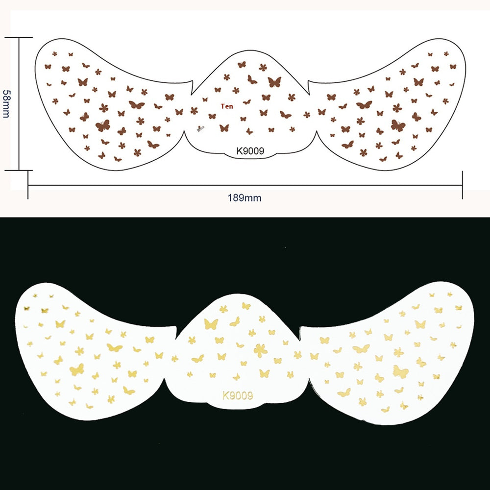 Two mustache-shaped designs with butterfly patterns, one in brown and one in gold, on a white background.