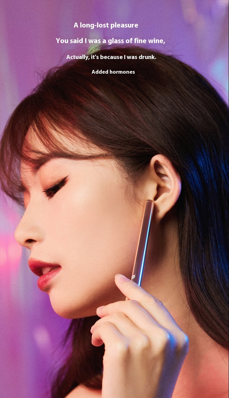 Woman with blue hair using a smartphone against a purple gradient background