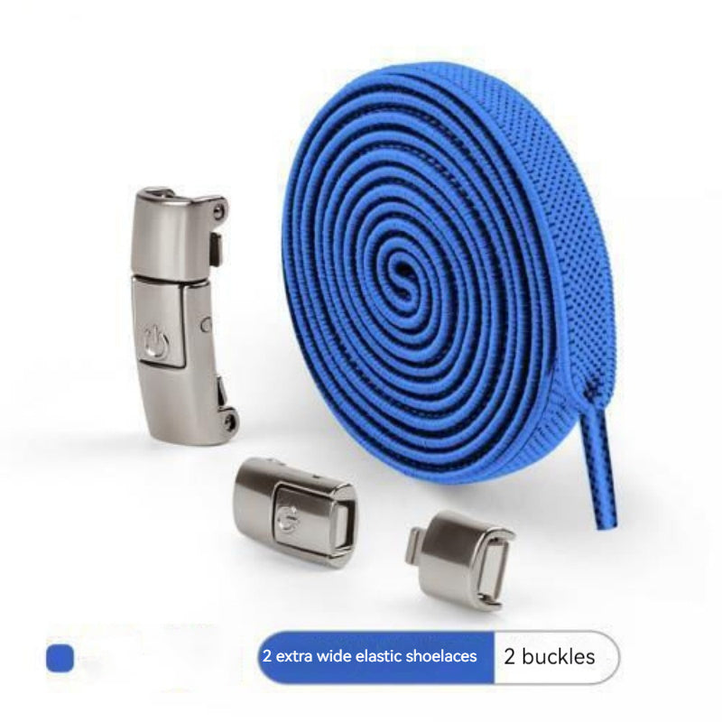 Blue elastic shoelaces with two metal buckles on a white background