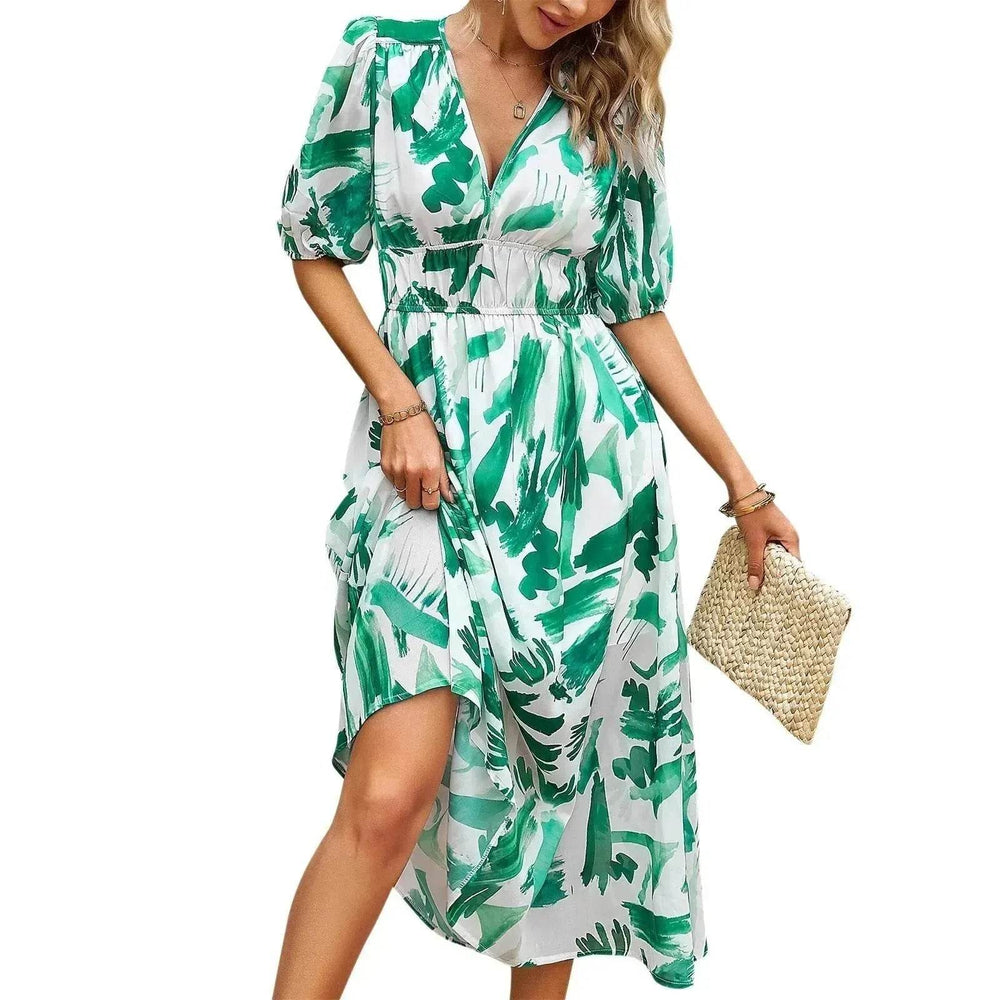 Summer Chiffon Floral Printed Temperament Waist-controlled V-neck Casual Midi Dress - EX-STOCK Canada