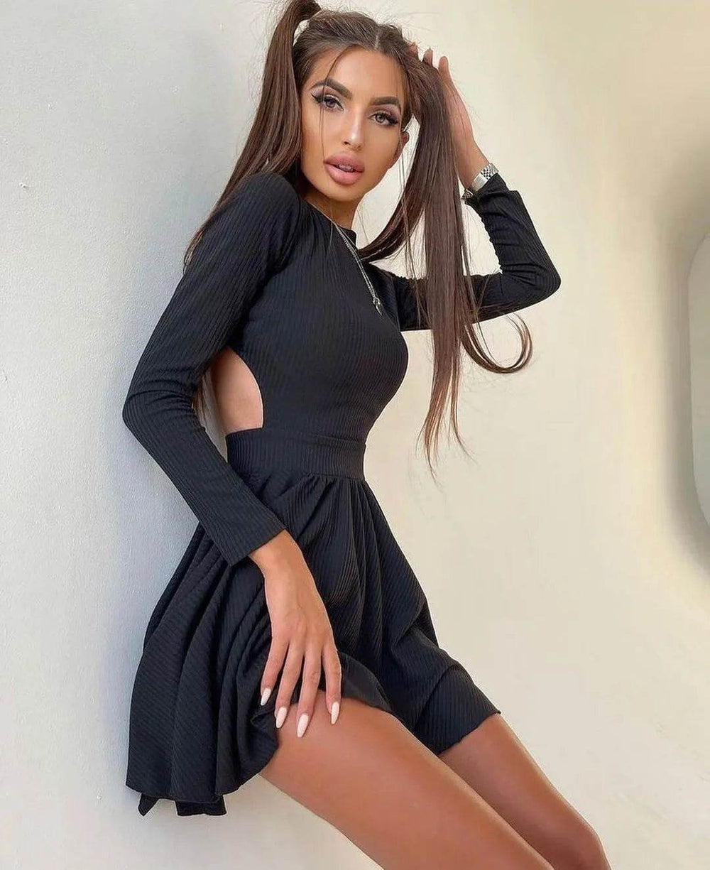 Y2K Long-sleeved Party Club Dress Solid Color Round Neck A-line Mini Skater Dress - EX-STOCK Canada