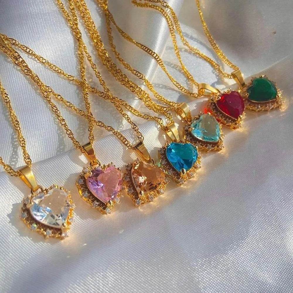 Colorful Rhinestones Heart-shped Necklace Love Gold Clavicle Chain Ins Personalized Jewelry For Women Valentine's Day - EX-STOCK Canada