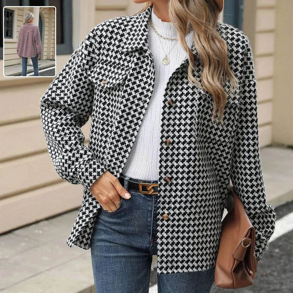 Casual Houndstooth Lapel Tweed Button long sleeve shirt tops for women - EX-STOCK Canada