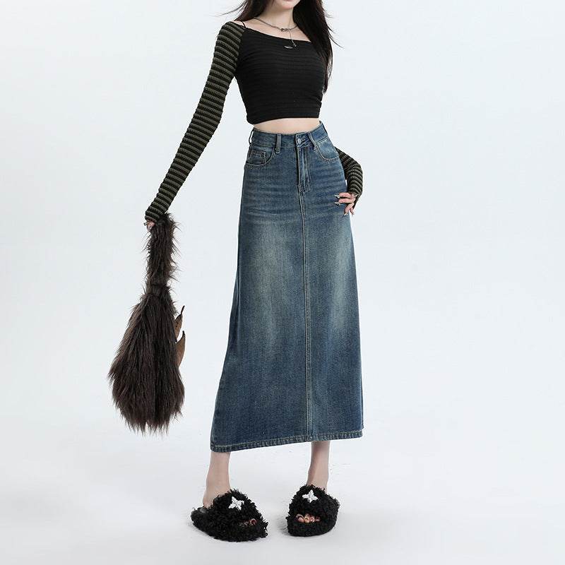 High Waisted Denim Skirt Design Pocket back Slit Retro Hip-wrapped Midi Skirt - EX-STOCK Canada