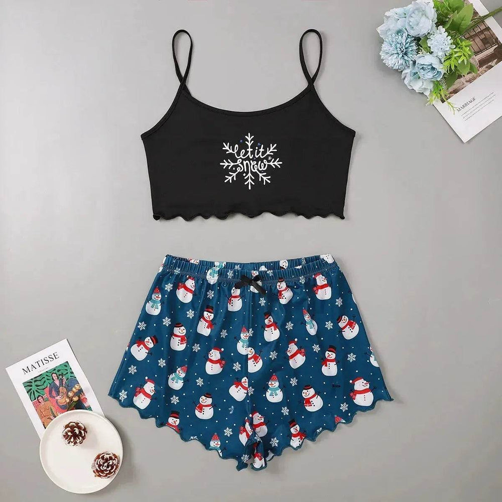 Christmas European And American Thin Pajamas Women's Sleeveless Shorts Milk Silk Simple Casual Two-piece Suit Homewear - EX-STOCK Canada
