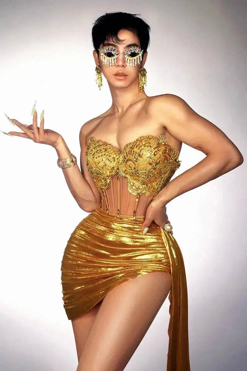 Strapless Tassle Corset dress Women's Tube Top Rhinestone Chain Skirt Outfit for Evening party Cocktail event - EX-STOCK Canada