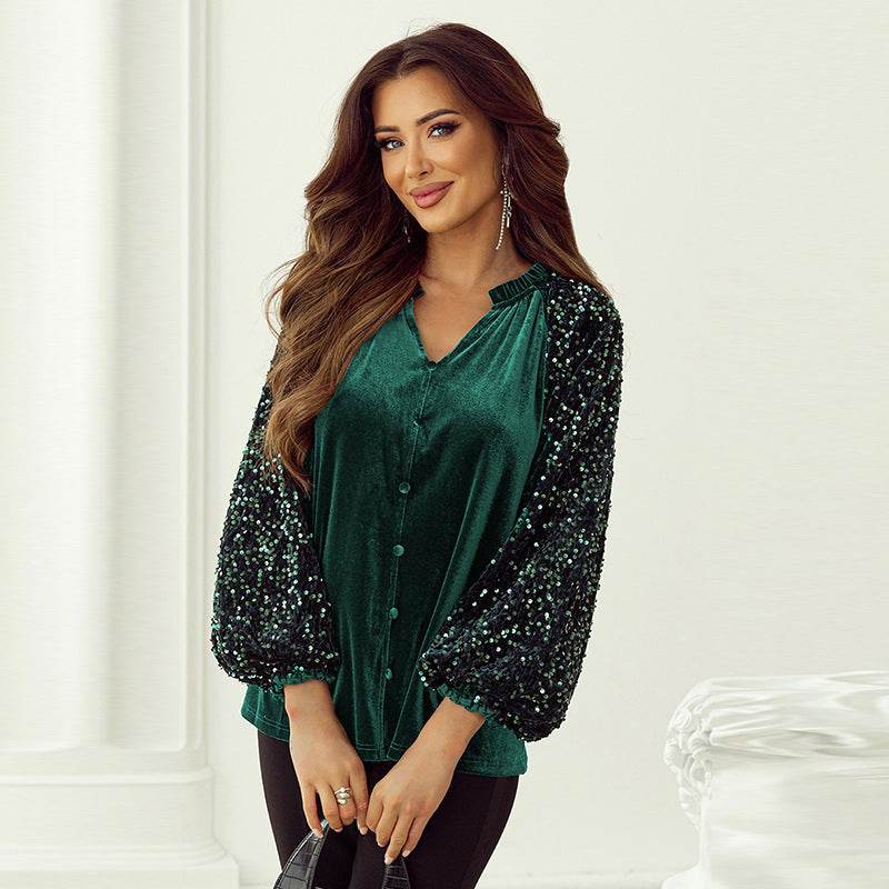 Elegant Fashion Sequined Long sleeve Suede V-neck Blouse top women - EX-STOCK Canada