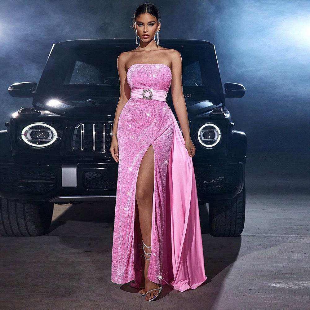 Strapless Sequined Cinched Waist Slim-fit Tube Top Banquet Pink formal Dress - EX-STOCK Canada