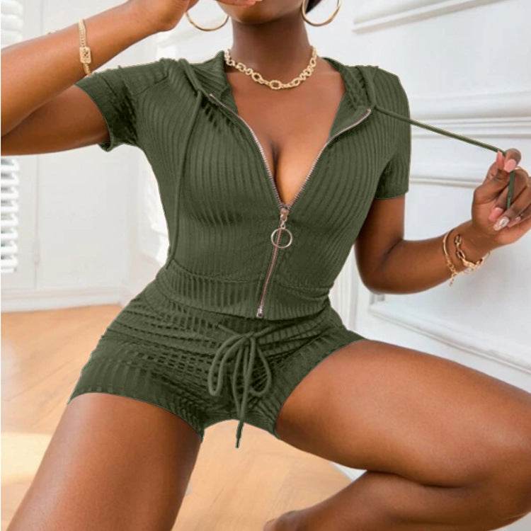 Women Fashion Summer 2pcs Drawstring Hoodie Athleisure wear Short set - EX-STOCK Canada