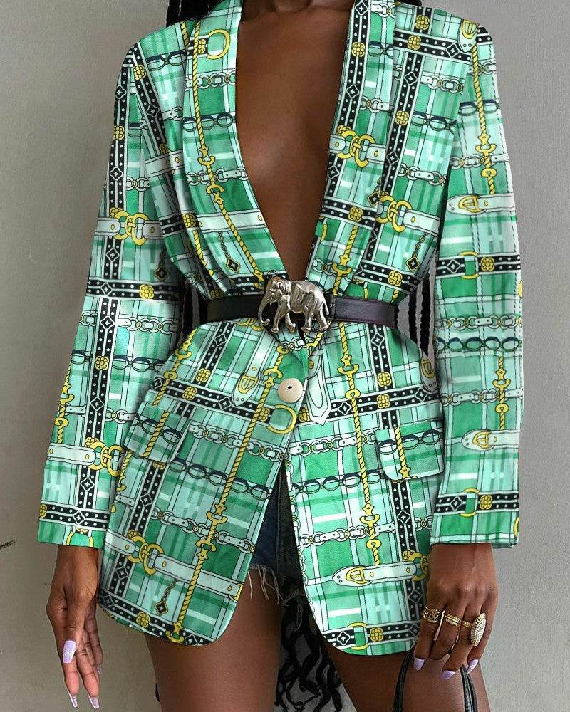 Fashion Printed Shawl Collar Single-breasted Belt Vintage Blazer Women - EX-STOCK Canada