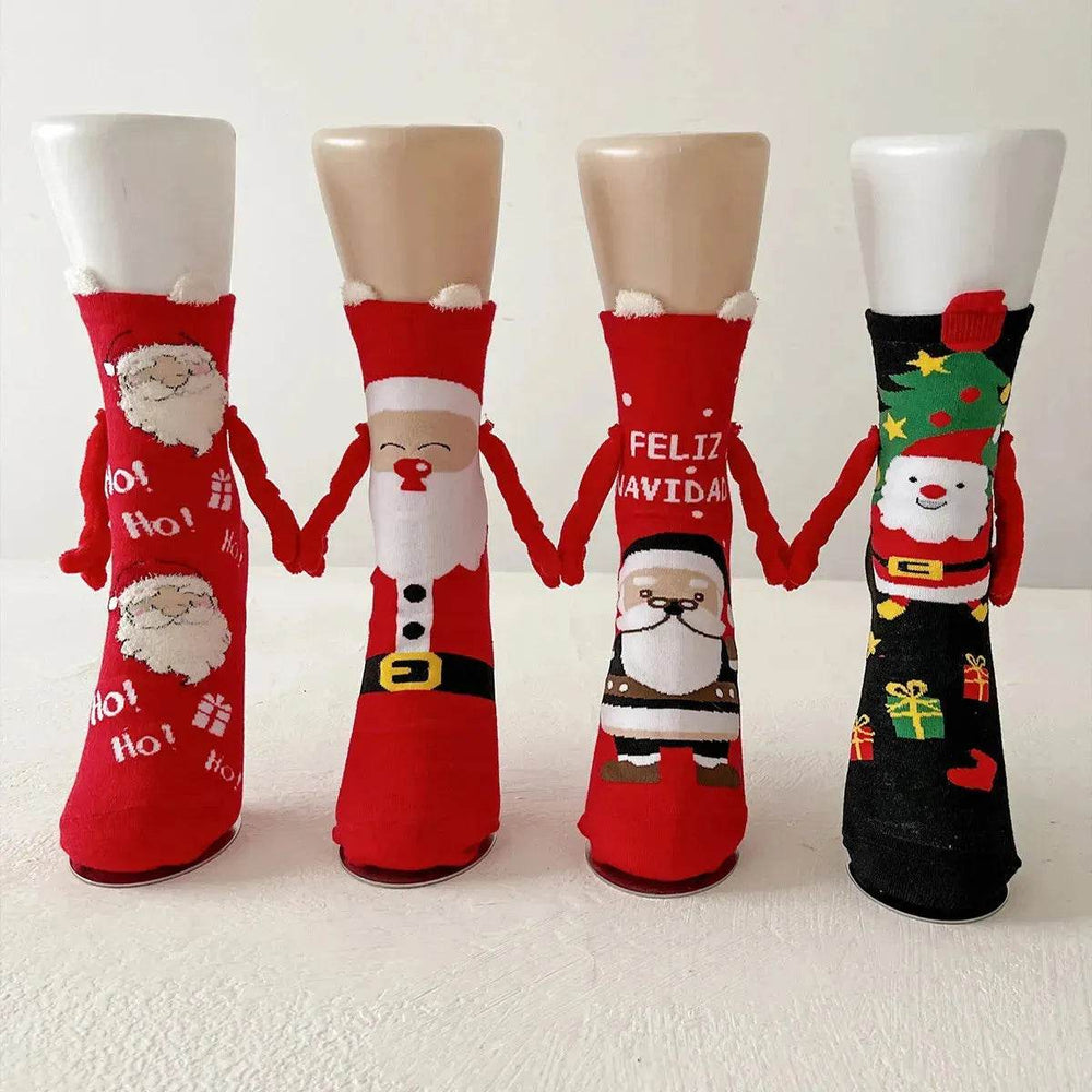 Christmas Magnetic Socks Cute Elk Santa Claus Snowman Hand-holding Socks For Couple - EX-STOCK Canada